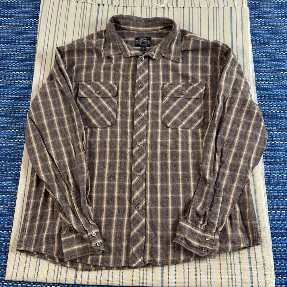 Nautica Jeans Co Shirt Mens 2XL Brown Plaid Flannel Long Sleeve Button Front EC